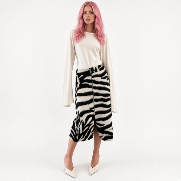 Zebra Faux Fur Midi Skirt — front zipper