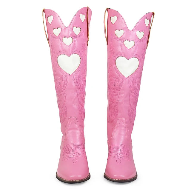 Pink Mid-Calf Boots with Embroidered White Hearts