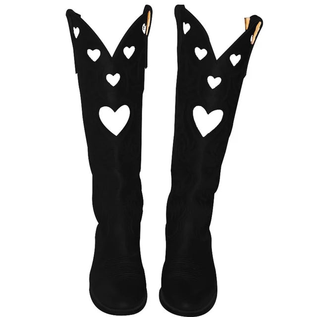 Black Mid-Calf Boots with Embroidered White Hearts