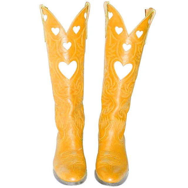 Yellow Mid-Calf Boots with Embroidered White Hearts