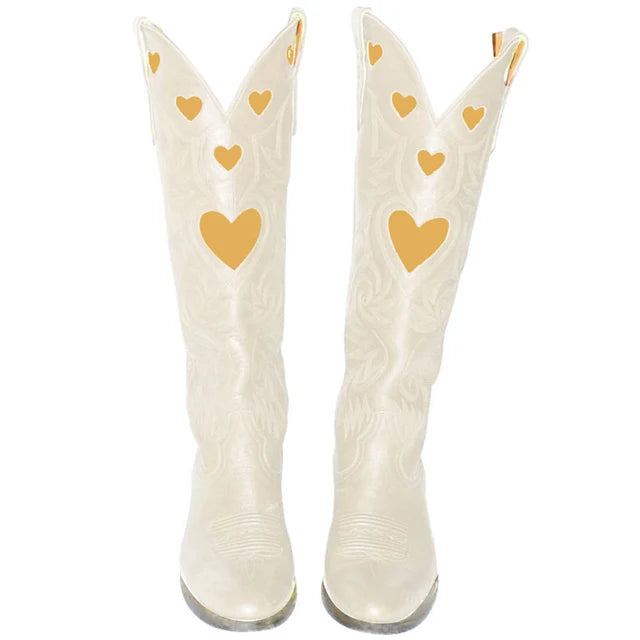Beige Mid-Calf Boots with Embroidered White Hearts