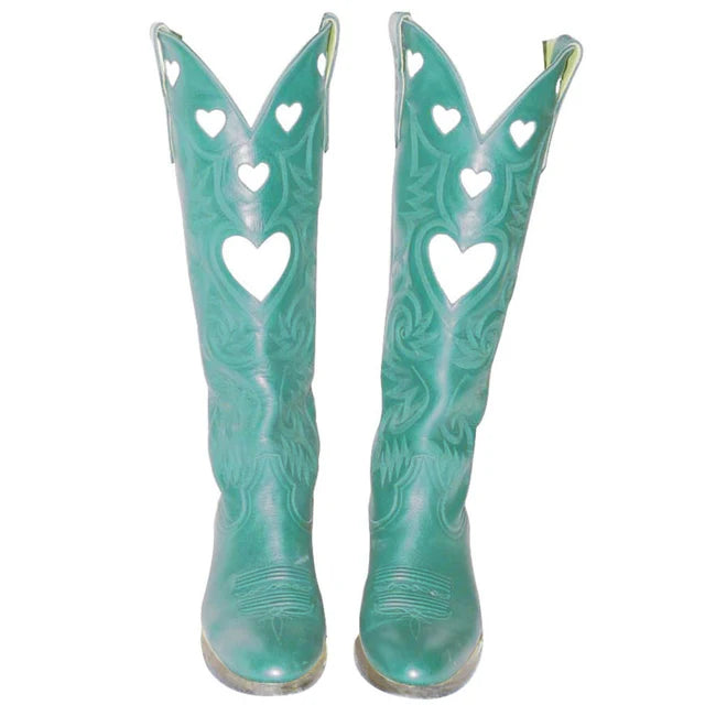 Green Mid-Calf Boots with Embroidered White Hearts