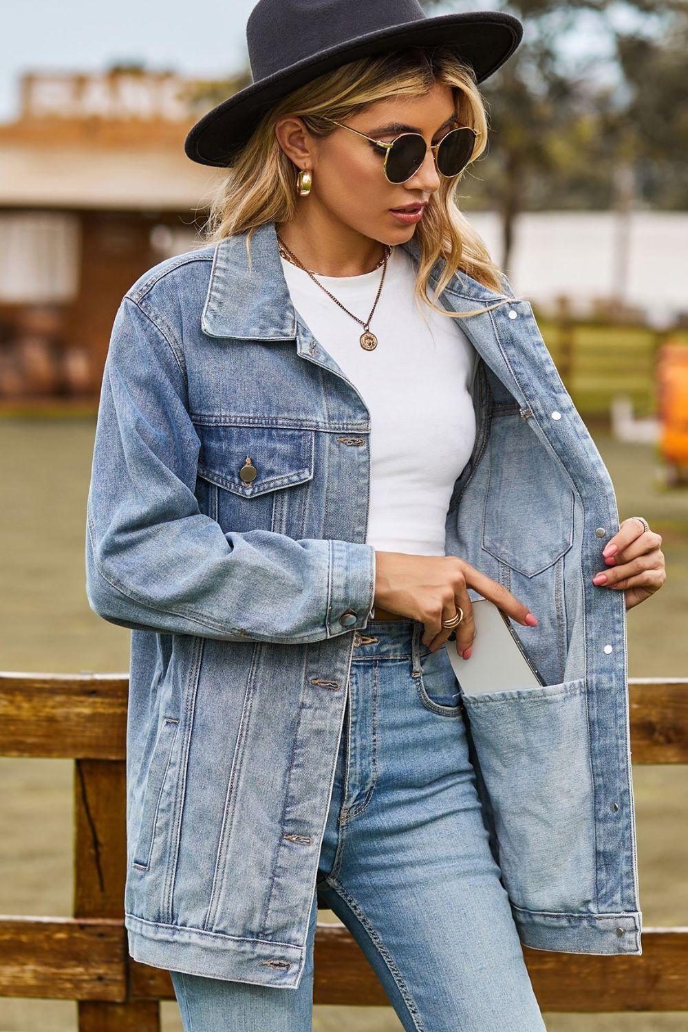 Buttoned Collared Neck Denim Jacket with Pockets Mabel Love Co