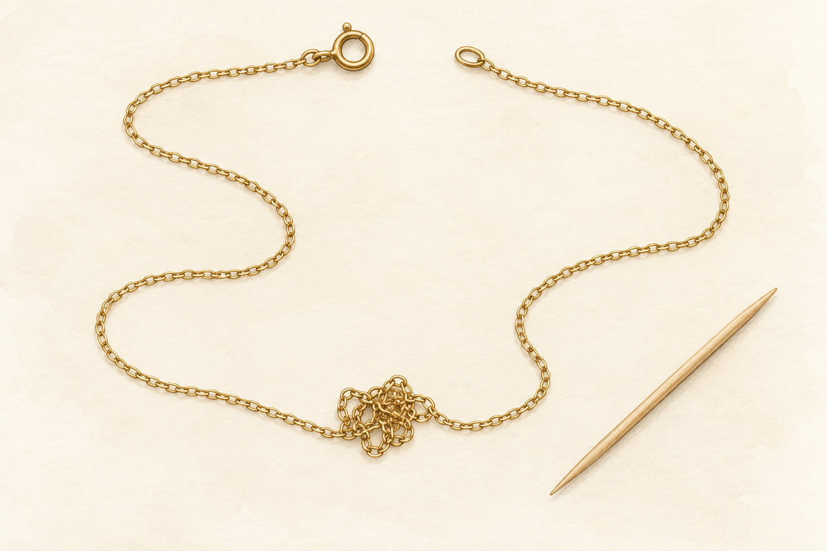 Illustration of an unclasped necklace resting flat with slack around a tangle and a wooden toothpick beside it.