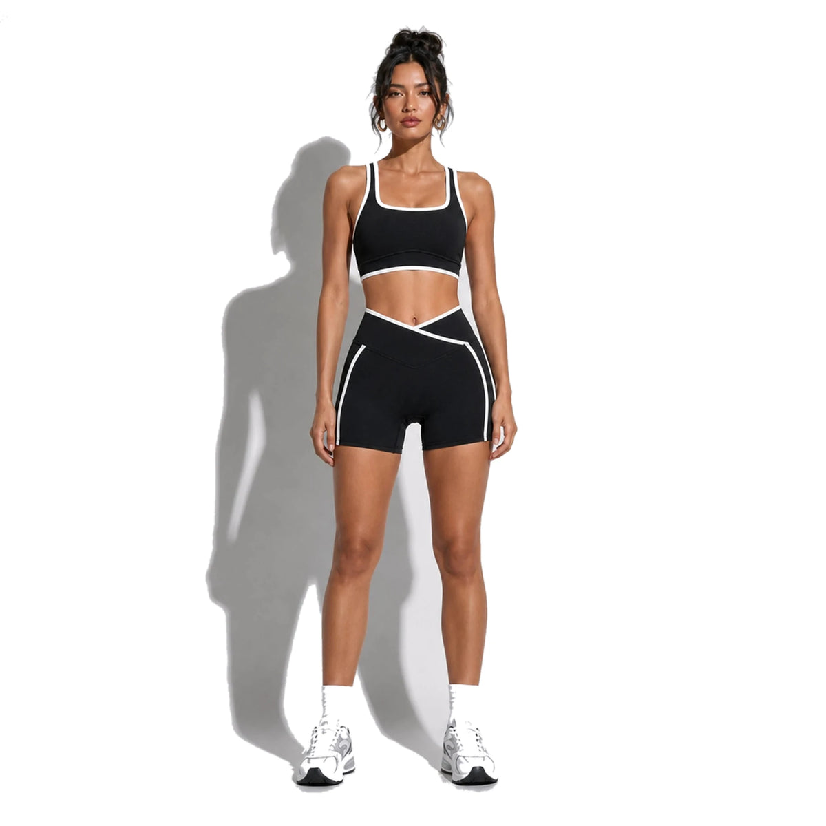 High Stretch Solid Yoga Shorts Set — black front