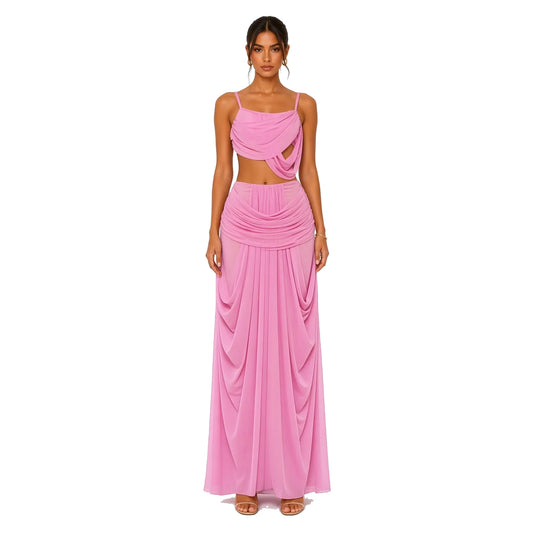 Draped Cami Top Maxi Skirt Set — pink front