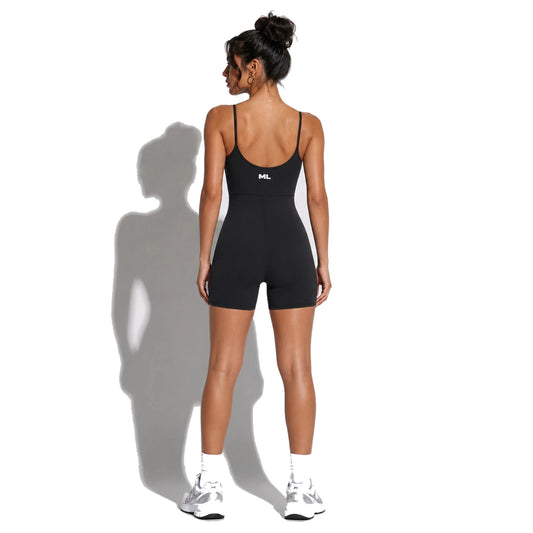 One Piece Yoga Romper — black back on-model 2048