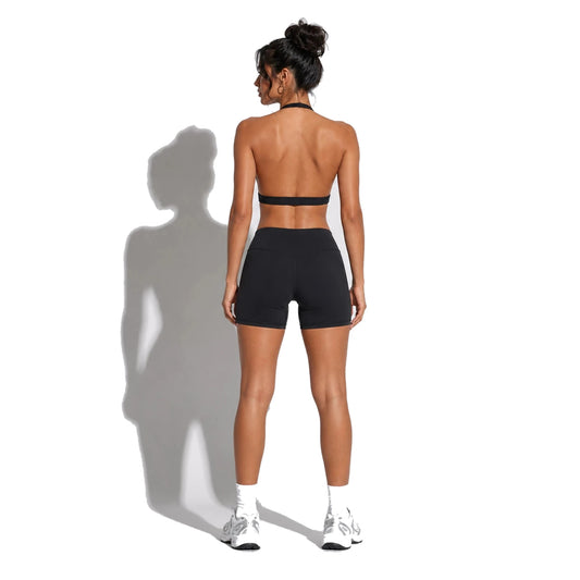 Set — Twist Halter bra Black + Legging Shorts back on-model 2048