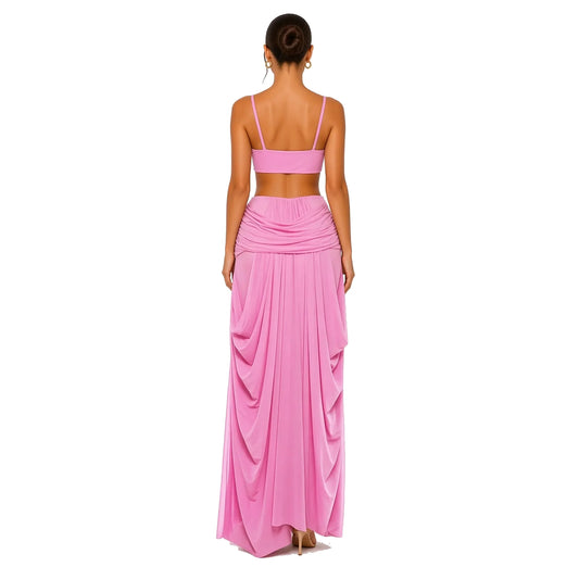 Draped Cami Top Maxi Skirt Set — pink back