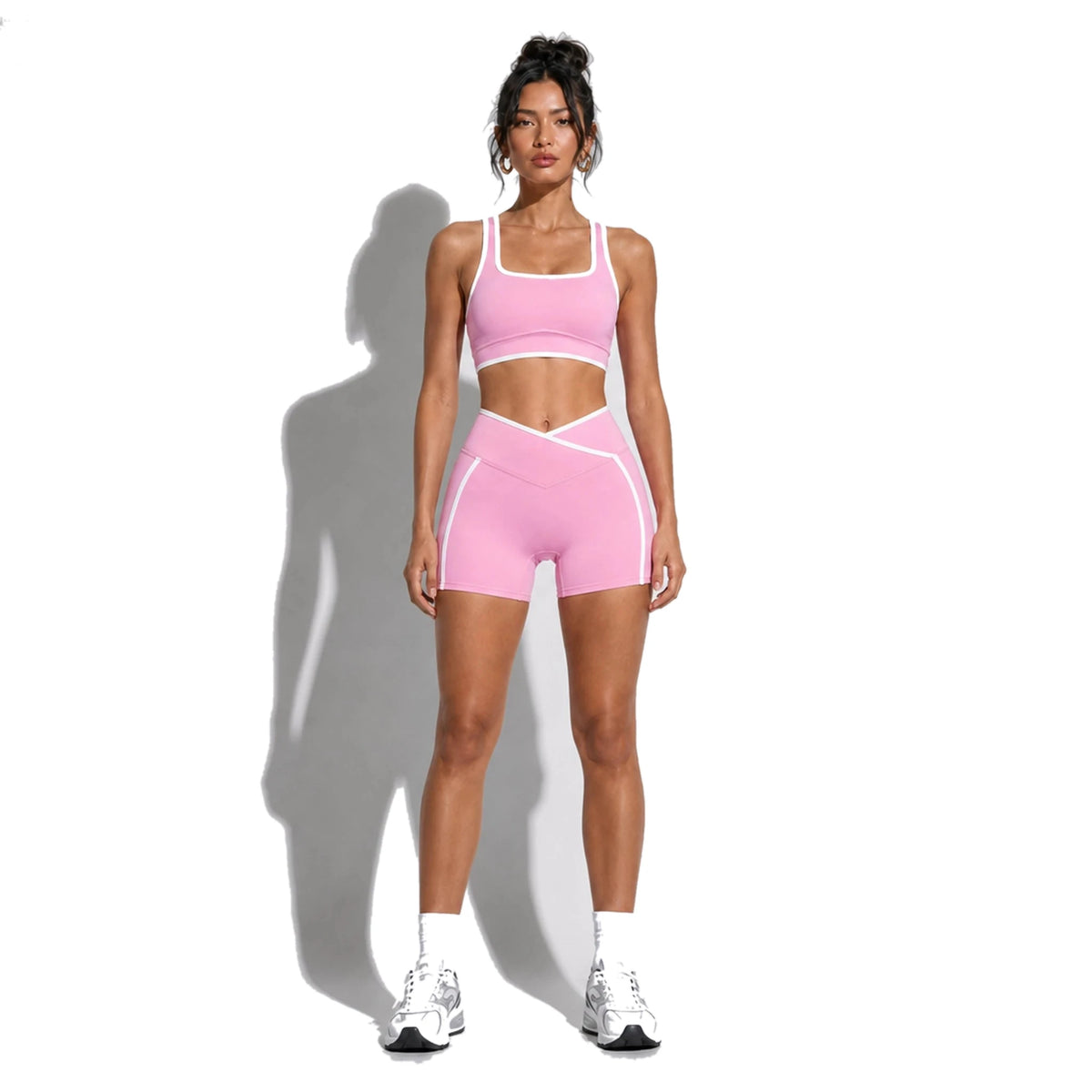 High Stretch Solid Yoga Shorts Set — pink front