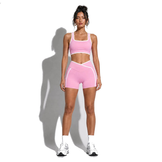 High Stretch Solid Yoga Shorts Set — pink front