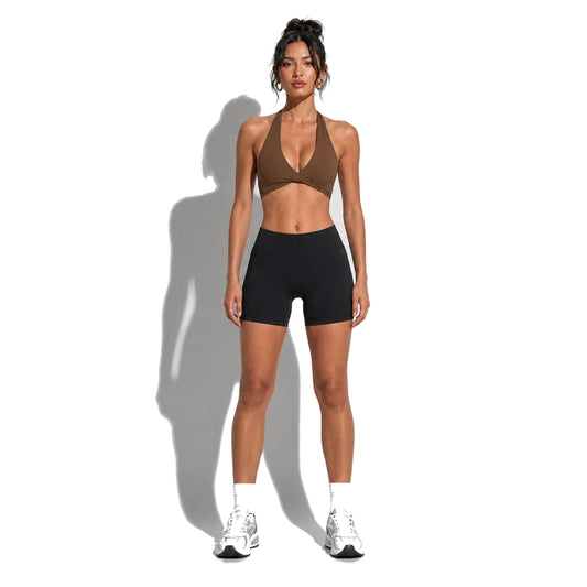 Set — Twist Halter bra Brown + Legging Shorts front on-model 2048