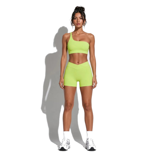 One Shoulder Sports Bra — Lime Green front