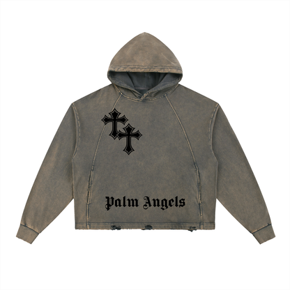 Vintage Street Washed Frayed-Hem Hoodie Unisex Loose Woven Sweatshirt