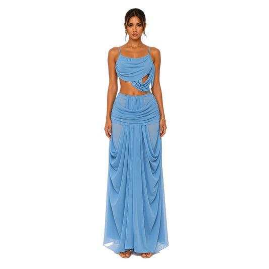 Draped Cami Top Maxi Skirt Set — blue front