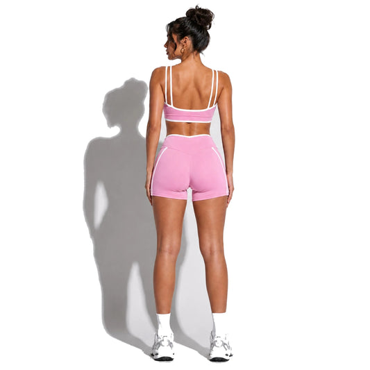 High Stretch Solid Yoga Shorts Set — pink back