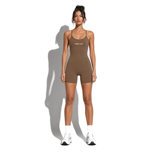 One Piece Yoga Romper — coffee front on-model 2048