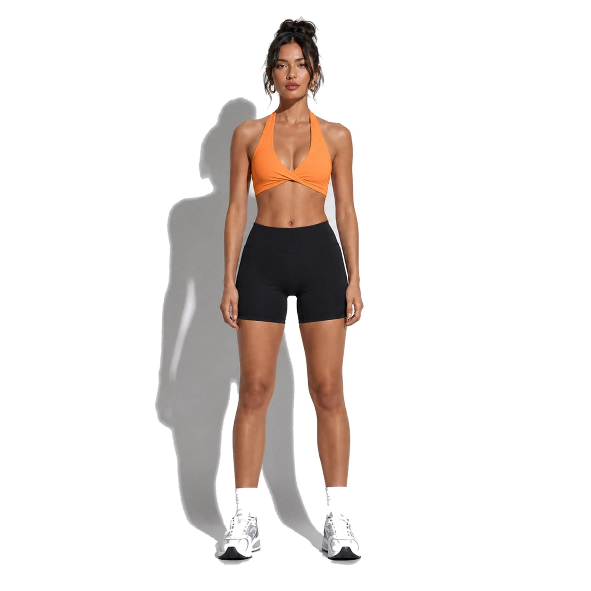 Set — Twist Halter bra Orange + Legging Shorts front on-model 2048