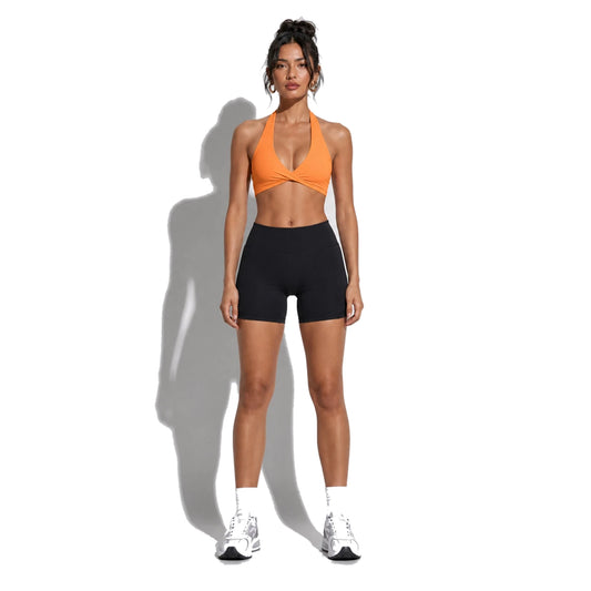 Set — Twist Halter bra Orange + Legging Shorts front on-model 2048
