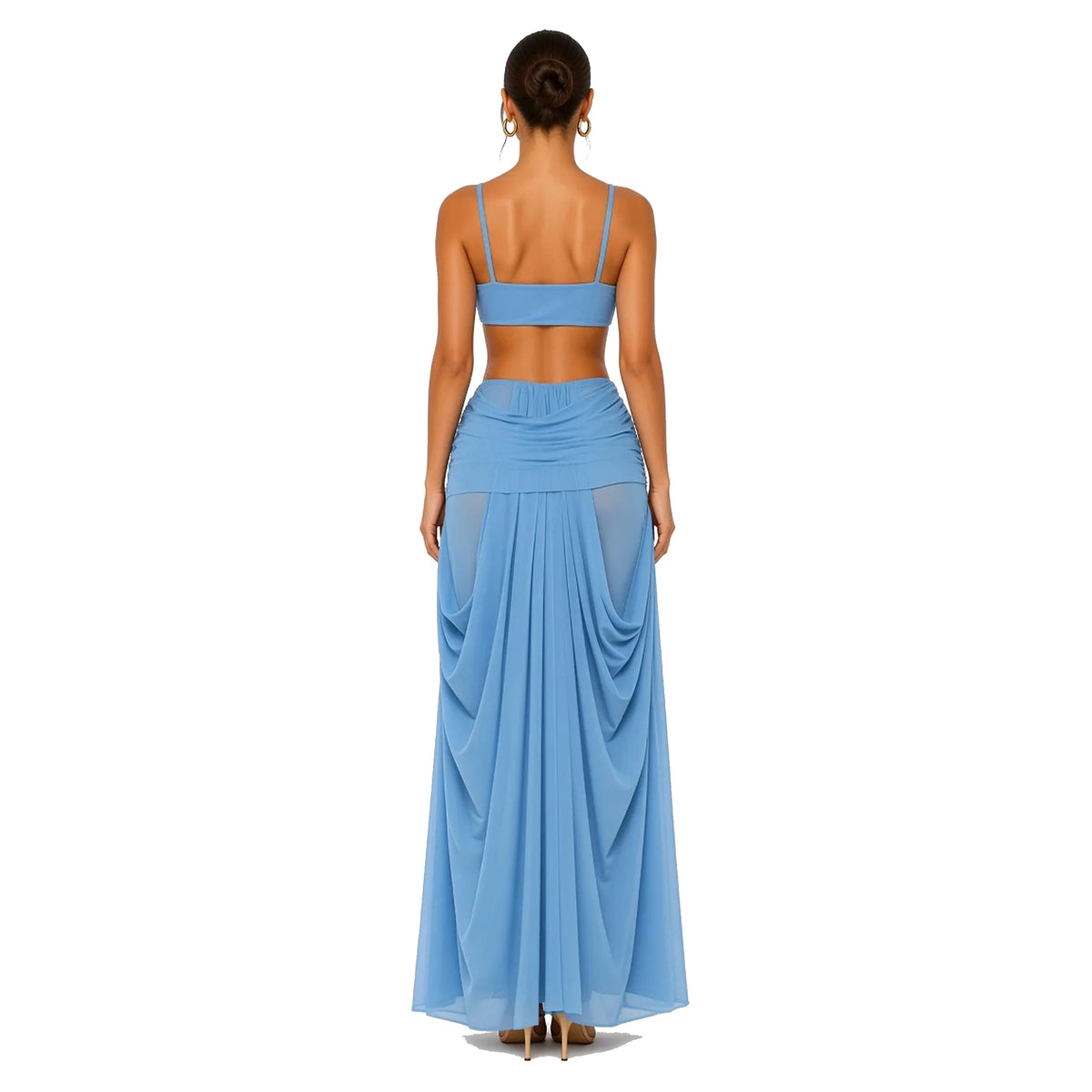 Draped Cami Top Maxi Skirt Set — blue back