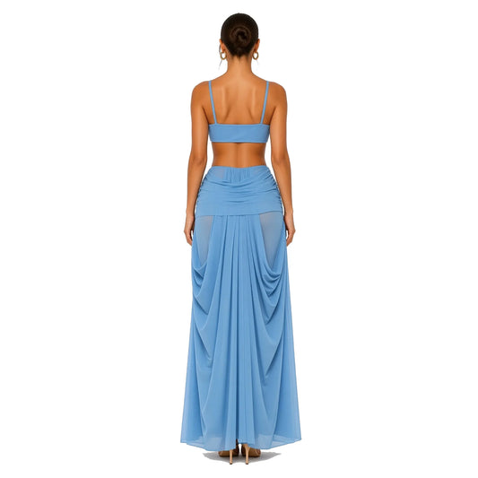 Draped Cami Top Maxi Skirt Set — blue back