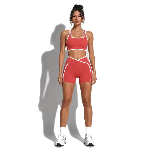 High Stretch Solid Yoga Shorts Set — red front