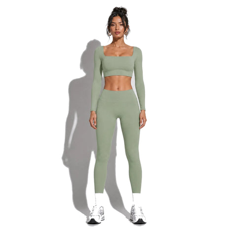 2 Piece Set Long Sleeve and Leggings Yoga — green front