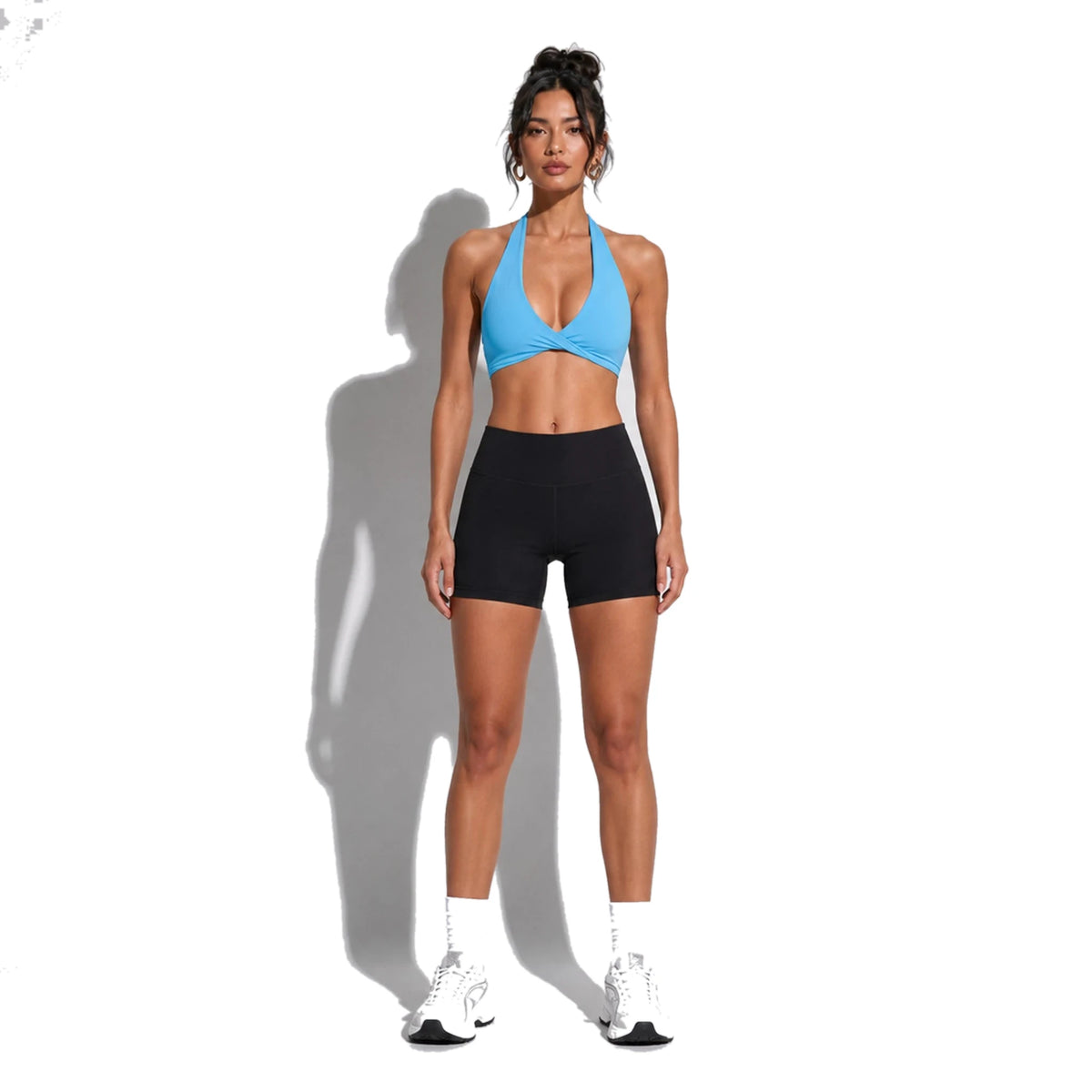 Set — Twist Halter bra Blue + Legging Shorts front on-model 2048