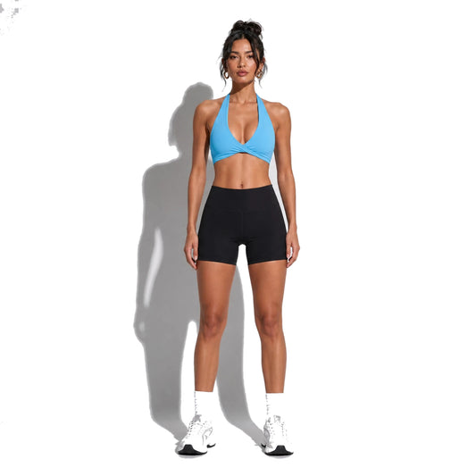 Set — Twist Halter bra Blue + Legging Shorts front on-model 2048