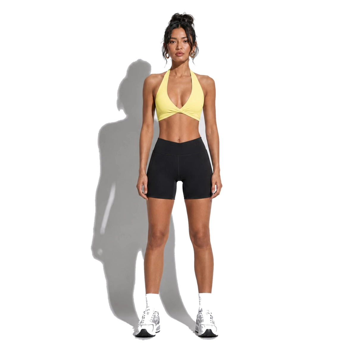 Set — Twist Halter bra Yellow + Legging Shorts front on-model 2048