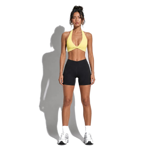 Set — Twist Halter bra Yellow + Legging Shorts front on-model 2048