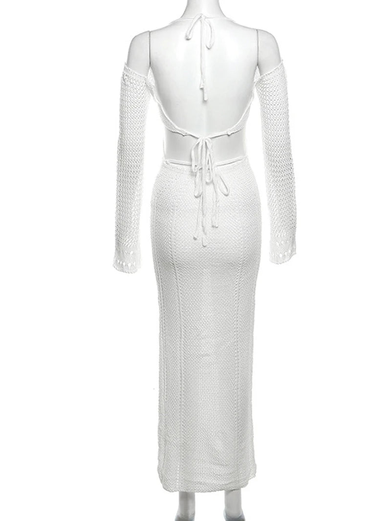 White Halter Backless Sexy Dress Women Knitting Lace up Elegant Holiday Casual Dress Maxi Long Autumn Dress Vestidos