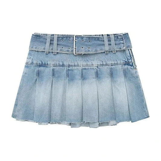 Front Denim Pleated Skirt