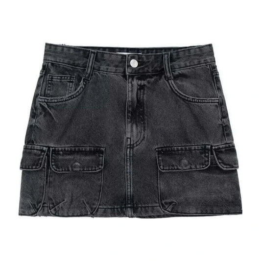 Cargo Denim Mini Skirt — black flat front
