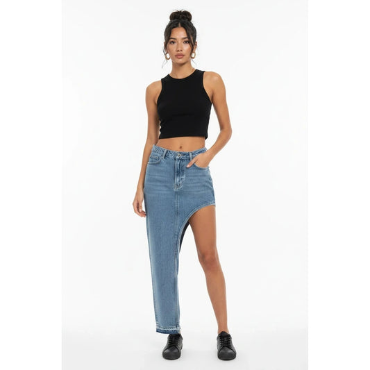 Denim Maxi Skirt — front on-model, asymmetric cutout