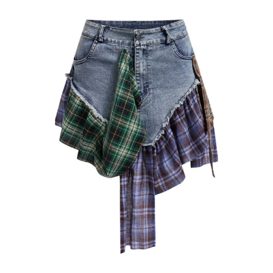 Patchwork Plaid Denim Skirt