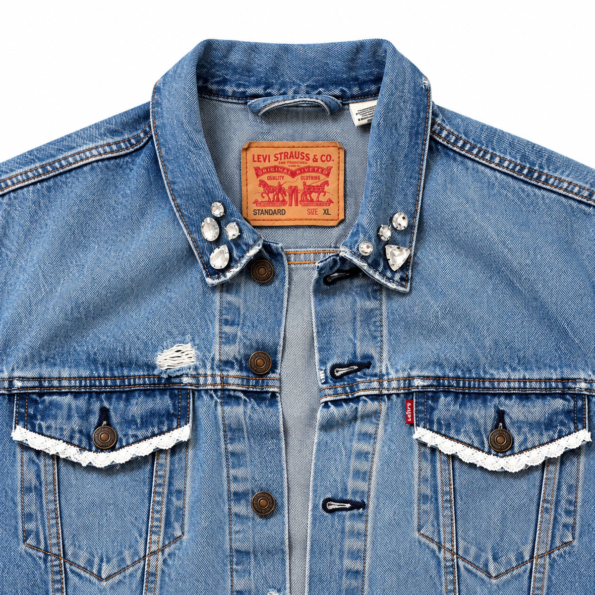 Rhinestone Lace Denim Jacket — collar close-up