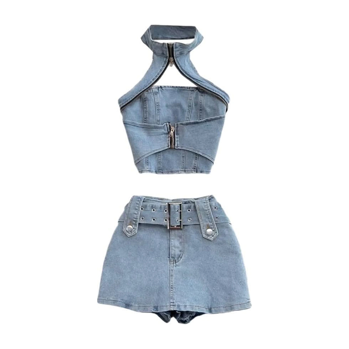Streetwear Denim Halter Top Mini Skirt Set