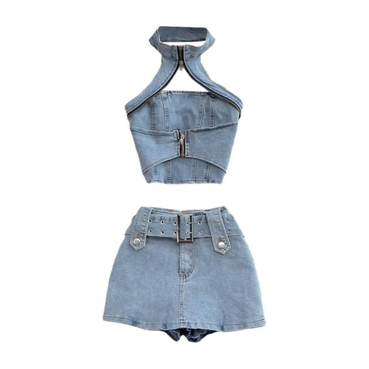 Streetwear Denim Halter Top Mini Skirt Set
