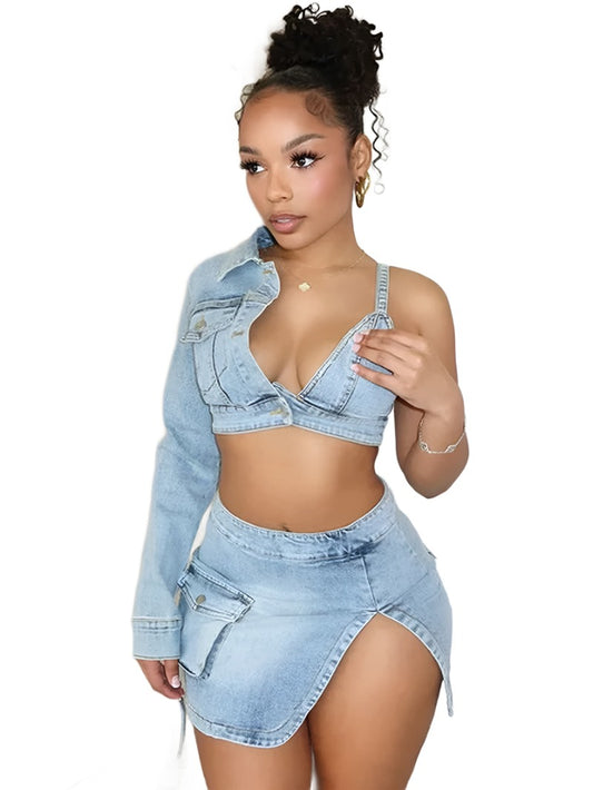 Sexy Club Party Denim Two Piece Set for Women Y2K Clothing Asymmetric One Sleeve Crop Top and Mini Skirt Matching Sets Outfits