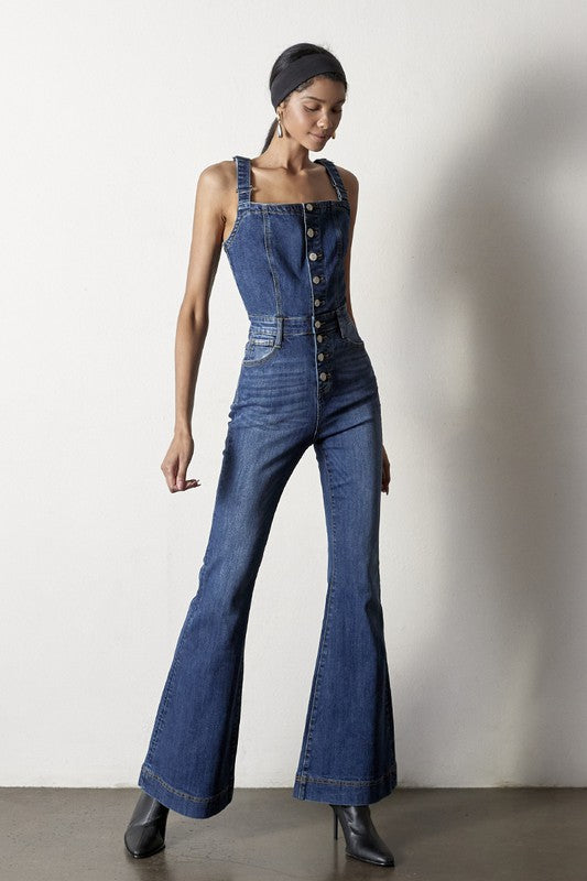 Front Buttons Flare Denim Overalls
