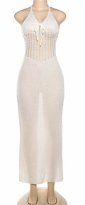 Hollow Out Knitted  Maxi Dress (White)