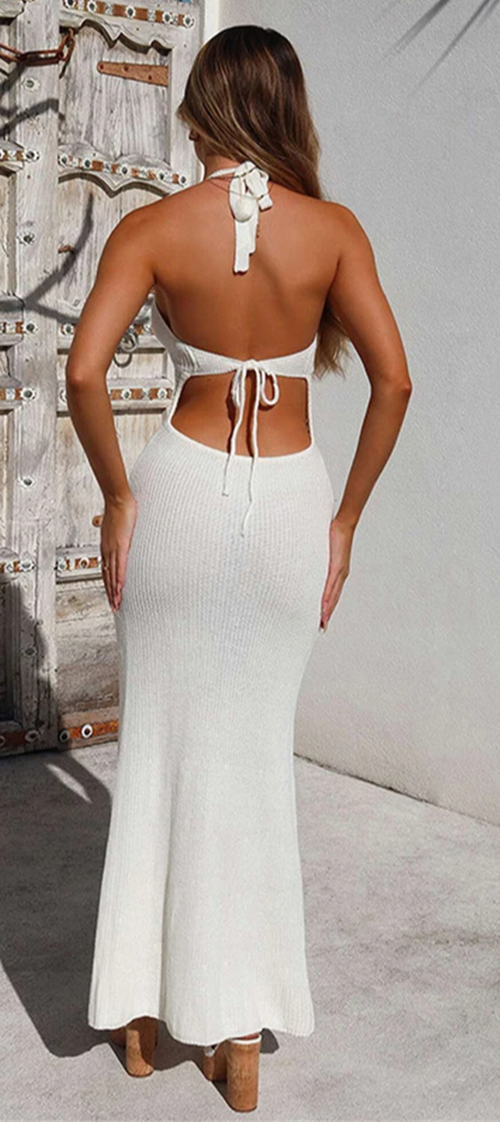 Hollow Out Knitted  Maxi Dress (White)