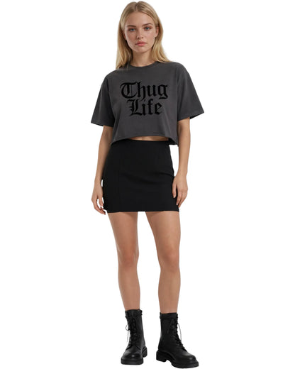 thug life Washed Raw Edge Crop Top