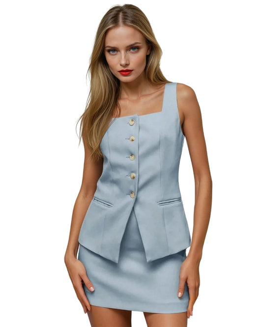 Sleeveless Square Neck Office Lady Set - model wearing new