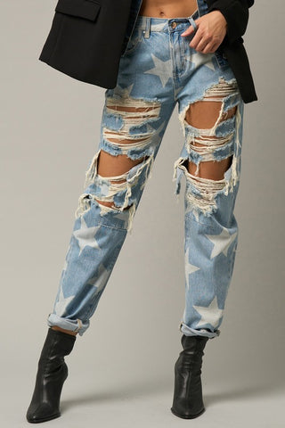 High-Waisted Star Print Ripped Jeans