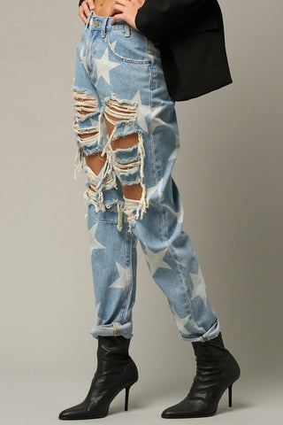 Side details of High-Waisted Star Print Ripped Jeans
