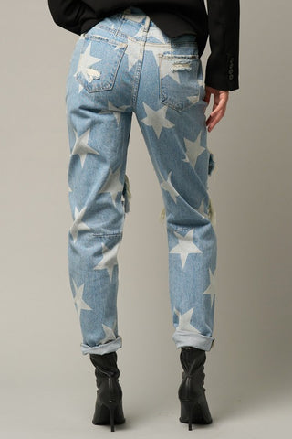 Back details of High-Waisted Star Print Ripped Jeans