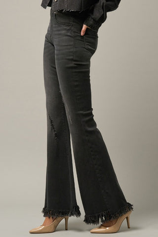 Side details of Distressed Long Frayed Flare Jeans
