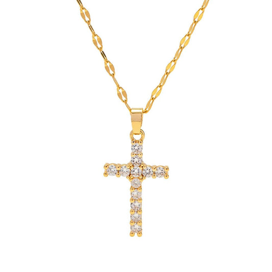 18K Gold Plated White Cubic Zirconia Cross Pendant Necklace